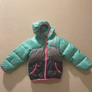 North Face 3T reversible “Perrito” down insulated toddler jacket.